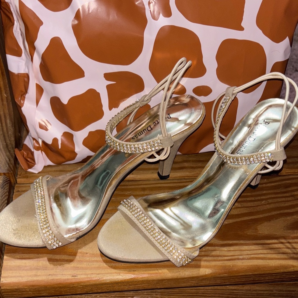 Pierre Dumas Elegant Gold Metallic Heels with Diamond Details